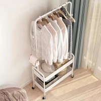 Suport portabil din otel carbon pentru umerase si haine cu 2 rafturi, 2 carlige, 159x67x30 cm, alb