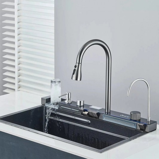 Chiuveta multifunctionala cu 2 cascade si accesorii incluse, afisaj digital temperatura