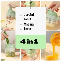 Tocator de bucatarie electric 4 in 1, portabil, Feliere, Tocare, Curatare, Maruntire, Verde