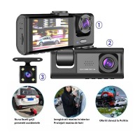 Camera Auto DVR Tripla, Full HD, Unghi inregistrare 170°,  Display 2