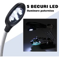 Lupa cu suport, 5 Led-uri, 250V, 50/60Hz, Plastic, 20x10x17.5 cm, Negru