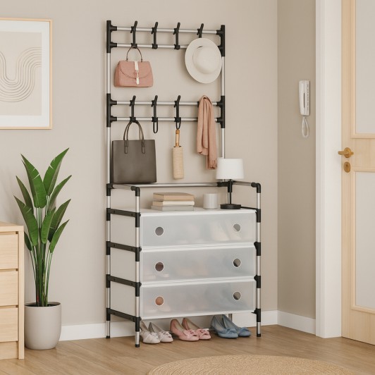 Organizator Incaltaminte, Cuier Haine, 5 Polite, Metalic, 168x30x60 cm, Spatiu Depozitare, Argintiu