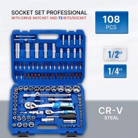 Set Profesional de Chei Tubulare 108 Piese, Material CR-V, Tubulare Lungi, Valiza de Transport