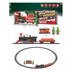 Trenulet Electric de Jucarie cu Traseu de 101cm, Vagon cu Lemne, Decor Casa si Brazi, Multicolor