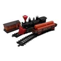 Trenulet Electric de Jucarie cu Traseu de 101cm, Vagon cu Lemne, Decor Casa si Brazi, Multicolor