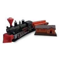 Trenulet Electric de Jucarie cu Traseu de 101cm, Vagon cu Lemne, Decor Casa si Brazi, Multicolor