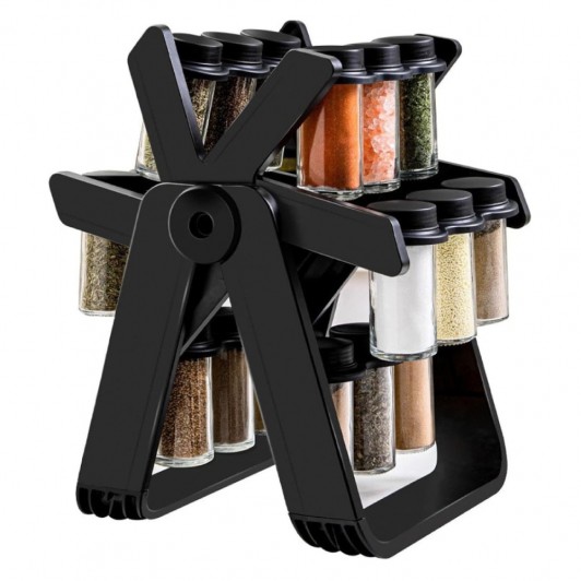 Suport Rotativ cu 18 Recipiente pentru Condimente, Design Modern 360, Sticla si Finisaj Negru