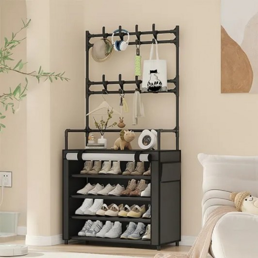 Organizator Incaltaminte, Cuier, 171 cm Inaltime, 4 Rafturi, 12 Perechi, 8 Carlige, PVC