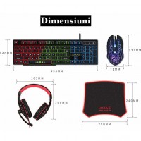 Set Gaming 4-in-1 cu Tastatura RGB, Mouse cu 6 Butoane, Casti cu Microfon si Mousepad, Negru