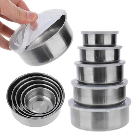 Set de 5 Cutii din Metal cu Capac pentru Depozitare Alimente, Practice si Rezistente, Inox