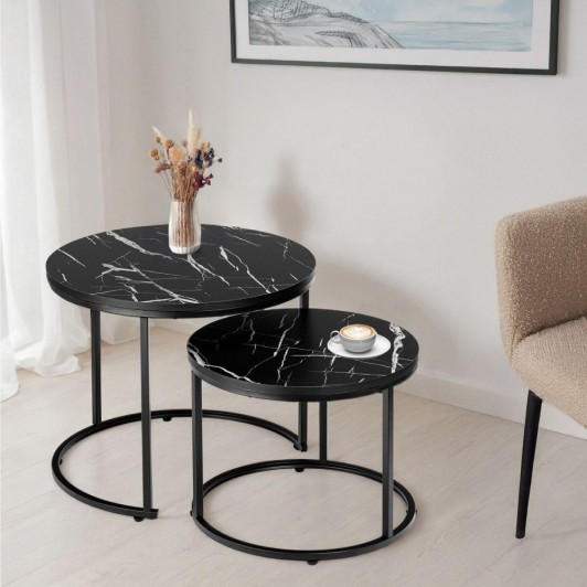 Set de Masute pentru Cafea 2 in 1, Aspect Marmura Neagra, Structura Metalica, 53x43 cm