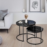 Set de Masute pentru Cafea 2 in 1, Aspect Marmura Neagra, Structura Metalica, 53x43 cm