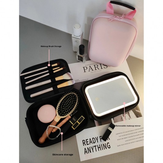 Geanta pentru Cosmetice cu Oglinda LED, Portabila, Calatorii, Material Premium, Roz