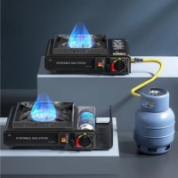 Aragaz Portabil pentru Camping, Dublu Racord Butelie sau Cartus, Aprindere Automata, Negru