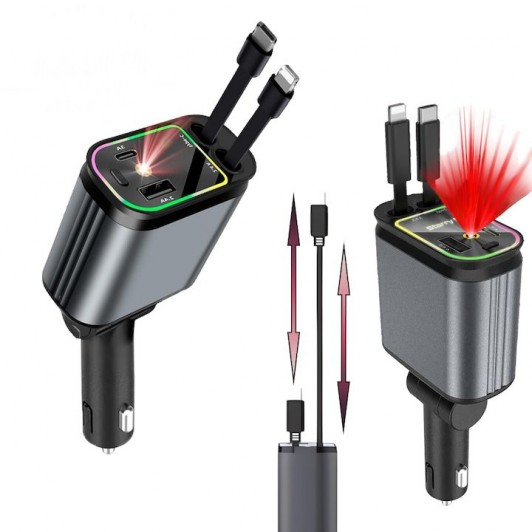 Incarcator Auto 4 in 1 Ultra-Rapid 66W, Cabluri Retractabile, Afisaj Digital, Negru