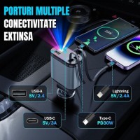 Incarcator Auto 4 in 1 Ultra-Rapid 66W, Cabluri Retractabile, Afisaj Digital, Negru