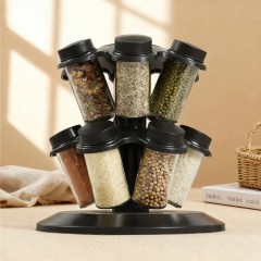 Organizator de Condimente cu 12 Borcane, Design Rotativ, Ideal pentru Bucatarie, Plastic, Negru