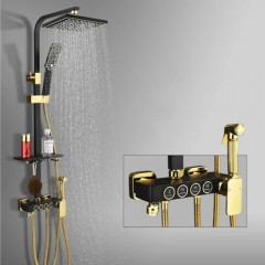 Coloana de Dus Premium din Alama, 4 Functii, Para cu Efect Ploaie, Montare pe Perete, Negru cu Auriu