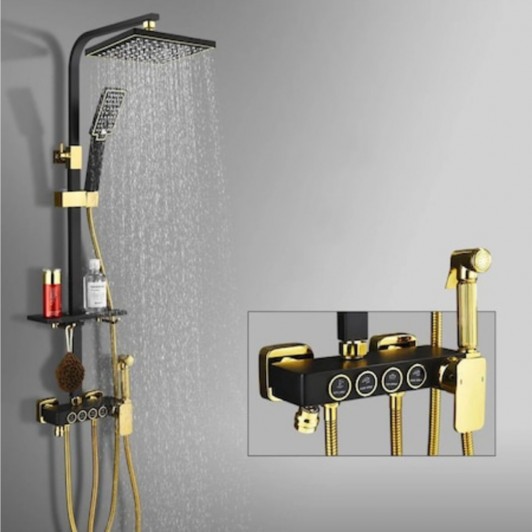 Coloana de Dus Premium din Alama, 4 Functii, Para cu Efect Ploaie, Montare pe Perete, Negru cu Auriu