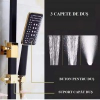 Coloana de Dus Premium din Alama, 4 Functii, Para cu Efect Ploaie, Montare pe Perete, Negru cu Auriu