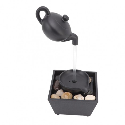 Ornament Fantana cu Ceainic Plutitor, Iluminare LED, Alimentare USB sau Baterii, Negru