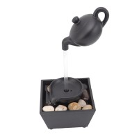 Ornament Fantana cu Ceainic Plutitor, Iluminare LED, Alimentare USB sau Baterii, Negru