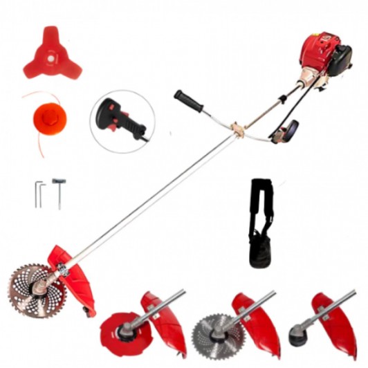 Motocoasa benzina 4 timpi, 7.5hp, 5.6kw, 3 disc SwissInox (3T, 8T, 230), tambur, ham profi