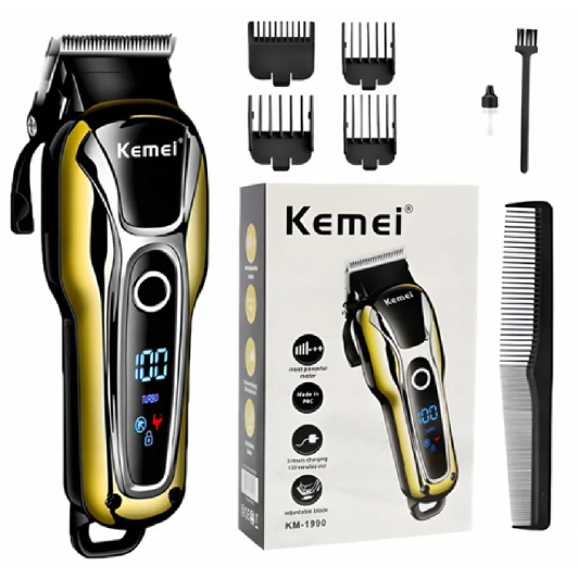 Aparat de tuns Kemei KM-1990, fara fir, acumulator 2000 mAh, display LCD, lama inox, EMKM-1990B-3