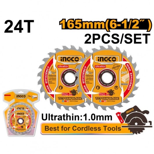 Set 2 Discuri Widia Lemn 165mm Ultra Subtire 1.0mm 24T INGCO TSB1653, pentru fierastrau circular