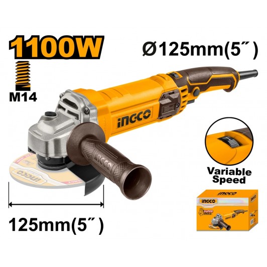 Flex Unghiular 125mm INGCO AG1100385E, Turatie Variabila 5000-12000 rpm, Motor 1100W