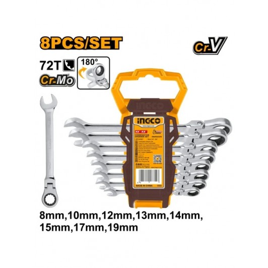 Trusa Chei Combinate cu Clichet cu Cap Flexibil 8-19mm 8pcs INGCO HKSPAR1083