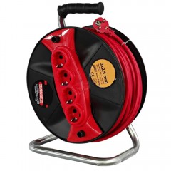 Prelungitor electric pe rola tambur 30m, 3x2.5mm, 4 prize cu impamantare, suport metalic, 3500W