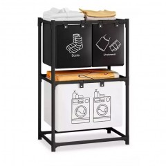 Cos de rufe cu 3 compartimente si raft de depozitare, cadru din otel inoxidabil, 97x28x57 cm, negru