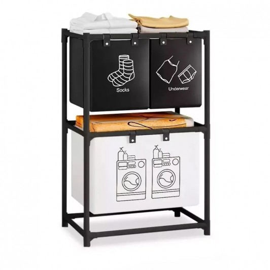 Cos de rufe cu 3 compartimente si raft de depozitare, cadru din otel inoxidabil, 97x28x57 cm, negru