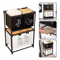 Cos de rufe cu 3 compartimente si raft de depozitare, cadru din otel inoxidabil, 97x28x57 cm, negru
