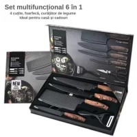 Set de cutite de bucatarie din inox cu suport din lemn, 6 piese Set de cutite de bucatarie din inox cu suport din lemn, 6 piese