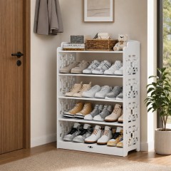 Raft de lemn pentru pantofi cu 5 niveluri, design traforat, alb, 90x24x62 cm 182-6
