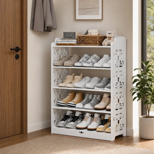 Raft de lemn pentru pantofi cu 5 niveluri, design traforat, alb, 90x24x62 cm 182-6 Raft de lemn pentru pantofi cu 5 niveluri, design traforat, alb, 90x24x62 cm 182-6