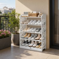 Raft de lemn pentru pantofi cu 5 niveluri, design traforat, alb, 90x24x62 cm 182-6 Raft de lemn pentru pantofi cu 5 niveluri, design traforat, alb, 90x24x62 cm 182-6