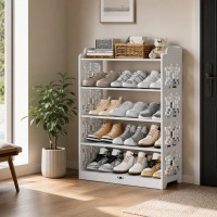 Raft de lemn pentru pantofi cu 5 niveluri, design traforat, alb, 90x24x62 cm 182-6 Raft de lemn pentru pantofi cu 5 niveluri, design traforat, alb, 90x24x62 cm 182-6