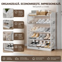 Raft de lemn pentru pantofi cu 5 niveluri, design traforat, alb, 90x24x62 cm 182-6 Raft de lemn pentru pantofi cu 5 niveluri, design traforat, alb, 90x24x62 cm 182-6