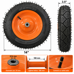 Roată roabă 15” x 4 – 8, ax D14 x 100 mm, bucșă oțel, țepi