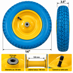 Roată roabă 14” x 3.5 – 8, ax D14 mm, poliuretan SSPU, bucșă oțel, profil crampon