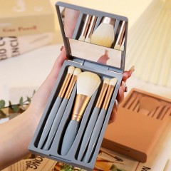 Set 5 pensule de machiaj cu perii moi, cutie depozitare cu oglinda