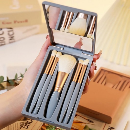 Set 5 pensule de machiaj cu perii moi, cutie depozitare cu oglinda