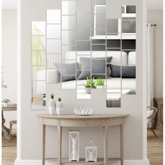 Oglinzi acrilice decorative, patrat, 32 piese, Argintiu