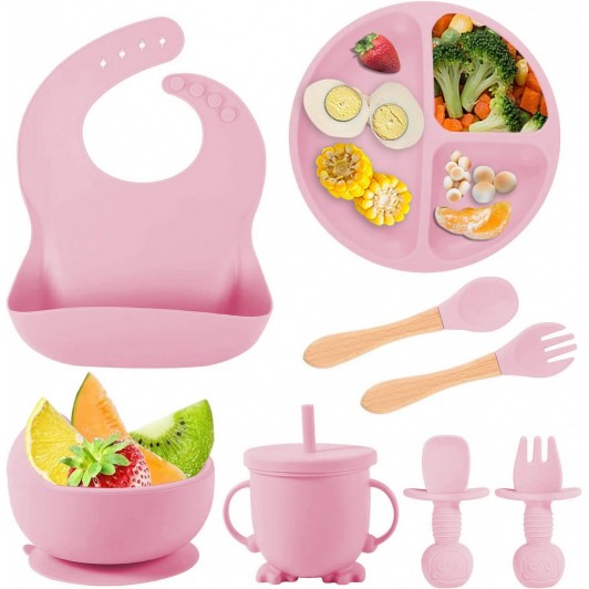 Set hranire bebe 8 piese, termorezistente, silicon, fara BPA, roz