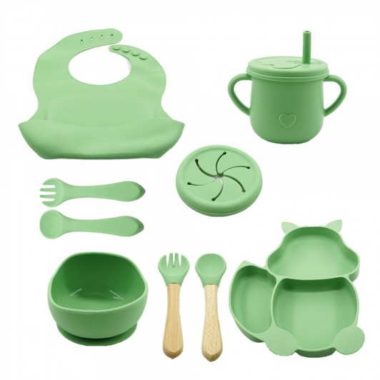 Set hranire bebe 8 piese, termorezistente, silicon, fara BPA, verde