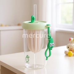 Pahar din silicon, cu pai, pentru copii, anti-cadere, compartiment fructe/ceai/gheata, 500ml, verde