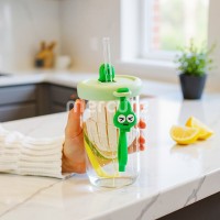 Pahar din silicon, cu pai, pentru copii, anti-cadere, compartiment fructe/ceai/gheata, 500ml, verde